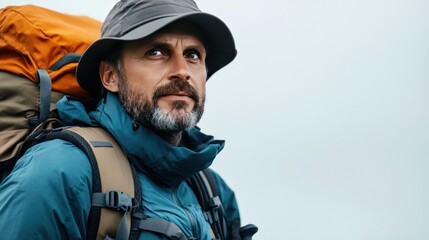 Obraz premium Hiker with trekking poles, wearing a hat and backpack, looking determined, ready for exploration, white background