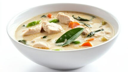 A bowl of creamy coconut curry soup with tender chicken and vegetables, Each spoonful rich and fragrant with spices, Set against an isolated white background to accentuate its exotic aroma 
