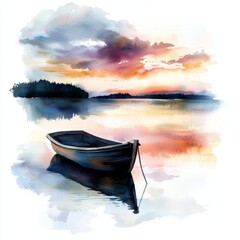 Watercolor painting of a boat on the water at dusk with a tranquil reflection of the sky, on isolated white background