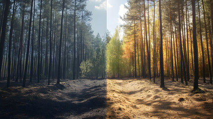 Obraz premium pine forest before and after the fire