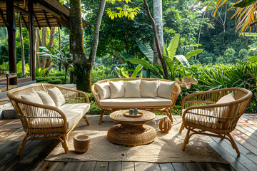 Outdoor garden furniture with rattan couches and armchairs set in a lush backdrop.