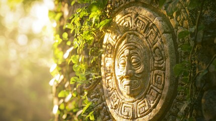 Mystical Mayan Stela: Close-up of Intricate Stone Carvings Overgrown with Vines in Golden Sunlight - Ancient Symbols and Craftsmanship