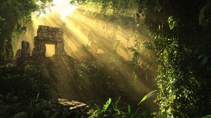 Mystical Mayan Sunrise: Spectacular Light Beams on Ancient Temple, Jungle Foliage, and Vibrant Flora
