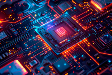 Illustration of a futuristic chip with photonic circuits, glowing elements, and innovation.