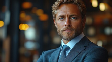 Fototapeta premium Portrait of successful senior businessman consultant looking at camera and smiling inside modern office building. Close up businessman.