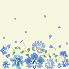 Blue Ikat floral paisley embroidery seamless pattern on light yellow background. Traditional ethnic, Aztec style abstract vector illustration. Design for fabric, art wallpaper, textile, wrapping, rug.