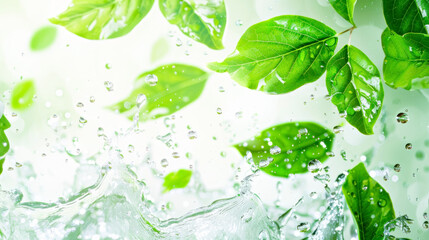 Vibrant green leaves and water droplets splashing in fresh morning light