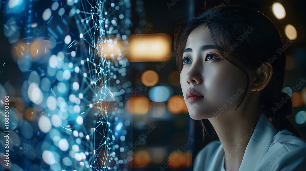 Poster businesswoman using ai artificial intelligence on laptop to document management concept, online docu