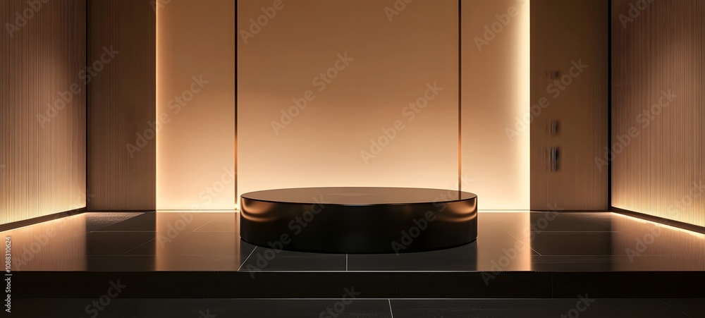 Poster 31. a high-gloss black podium with clean lines, illuminated by soft lighting, leaving an open space 