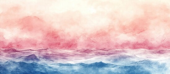 Obraz premium Abstract watercolor painting of a colorful sky with fluffy clouds and a misty mountain range in the foreground.