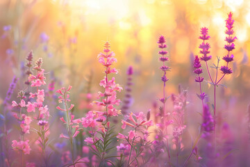 Obraz premium Colorful wildflower meadow at sunset, with soft pastel tones and a serene natural scene.