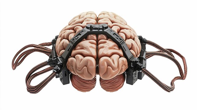 This 3D model of a brain linked to a computer interface represents advanced brain-computer technology against a white background.
