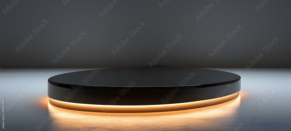 Poster 31. a high-gloss black podium with clean lines, illuminated by soft lighting, leaving an open space 