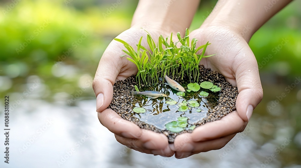 Aufkleber mindful hands gently cupping a small pond teeming with fish and lush aquatic plants symbolizing the 