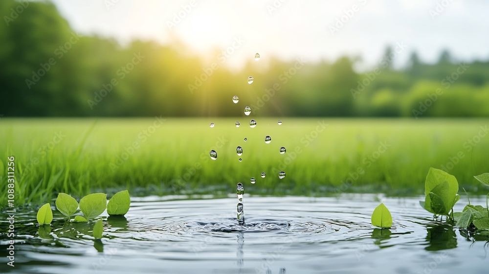 Aufkleber representation of water droplets falling into a serene pond surrounded by lush green foliage and lea