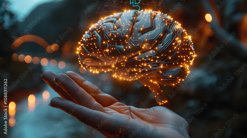 Poster circuit board in shape electronic brain with gyrus, symbol ai hanging over hand. symbol of computer 