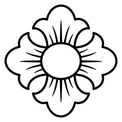 Geometrical vintage ornament. Four petals cross shape flower. Decorative floral element. Black and white linear silhouette.