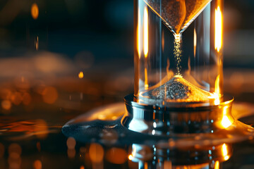 Close-up of a silver hourglass, softly illuminated by amber light, with flowing sand.