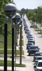 A Captivating Urban Street Scene Featuring Modern Street Lighting and a Line of Cars in a Lush Green Environment: A Perfect Blend of Nature and Infrastructure