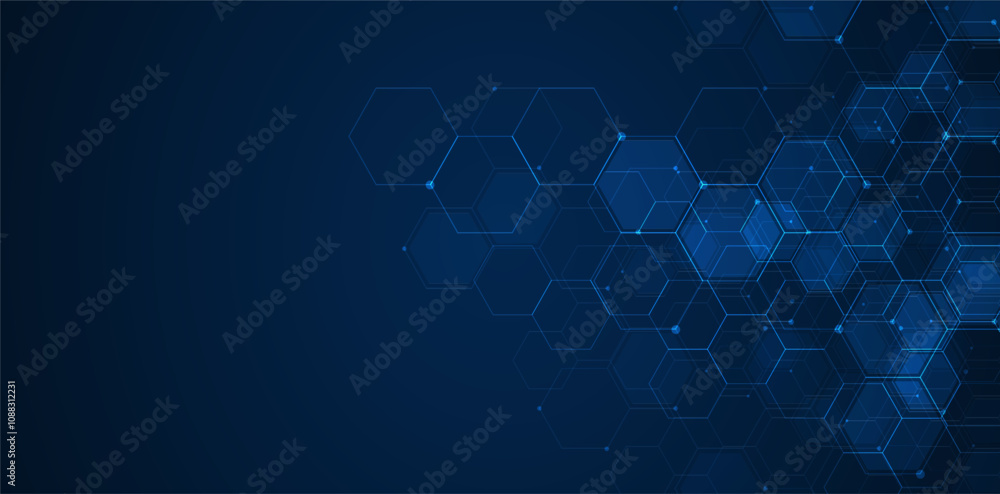 Poster digital technology background. abstract hexagons background with lines and dots. design for science,