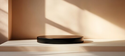 6. A contemporary podium with a glossy black surface, set against a neutral-toned background with subtle, soft lighting creating an open space for a product.