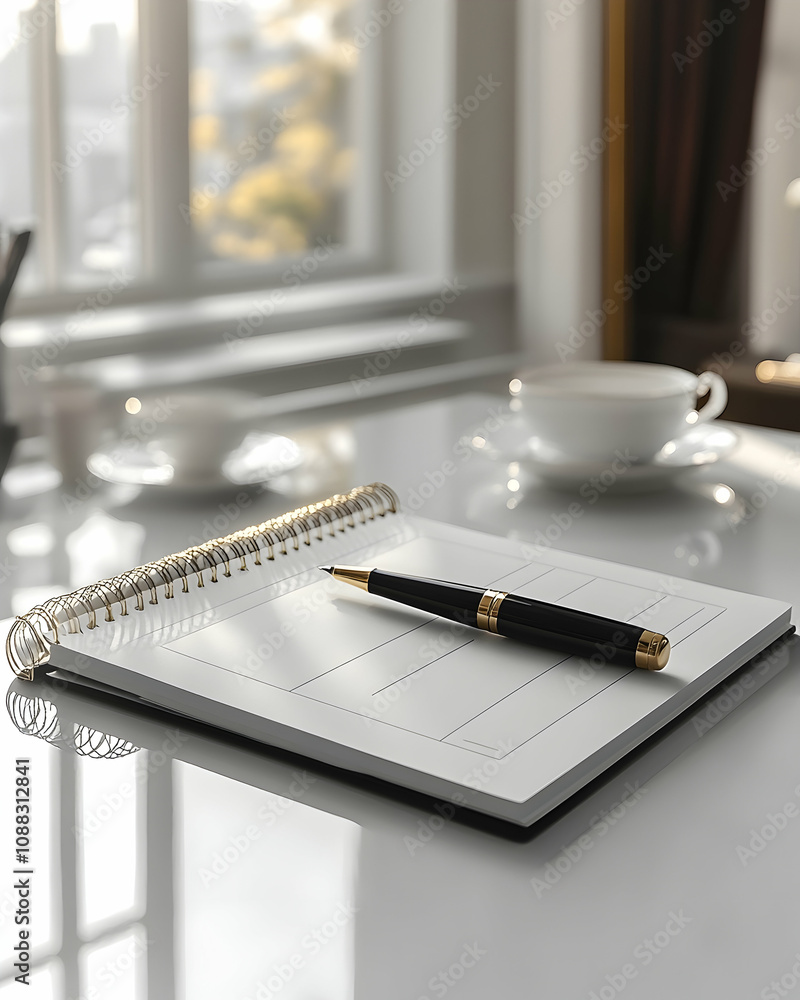 Poster blank notepad with pen on a table near window.