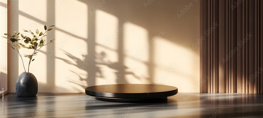 Poster 6. a contemporary podium with a glossy black surface, set against a neutral-toned background with su