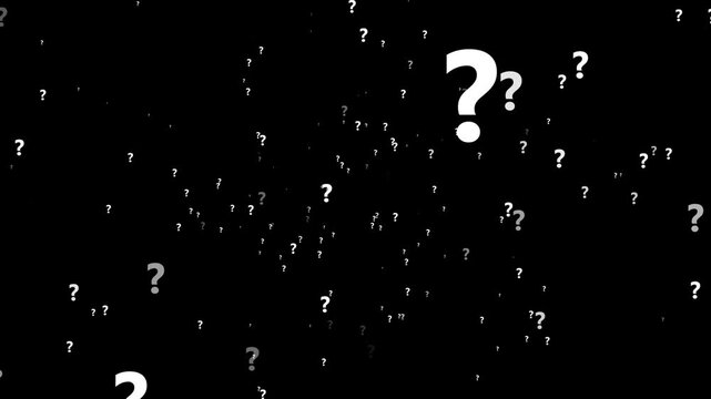question marks flying out of black background HD video animation motion graphics