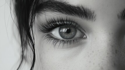 Long bouncy eyelashes and sharp eyes of young woman on white background