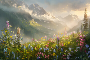 Naklejka premium Misty mountain meadow at dawn with wildflowers and soft sunlight filtering through clouds.