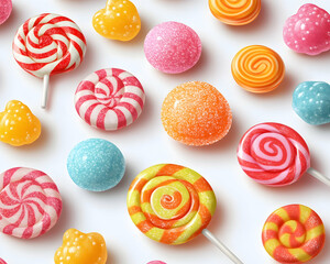 Colorful candy assortment on a white background. Various types of lollipops, hard candies, and gumballs.