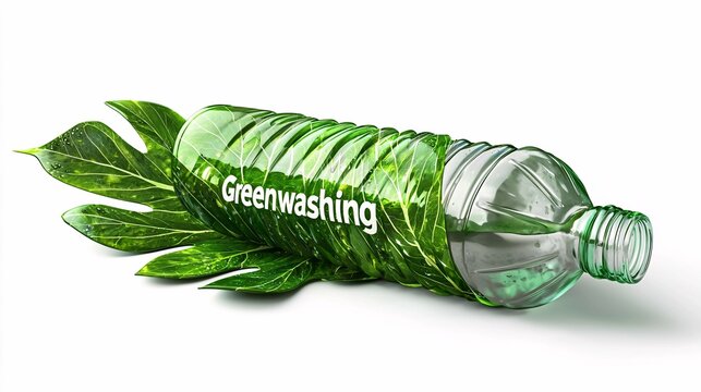 A 3D illustration of a large leaf encased in clear plastic, featuring the bold word greenwashing against a white background.
