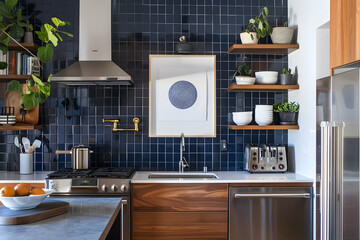 Minimalist kitchen poster frame with stainless steel appliances and navy blue backsplash.