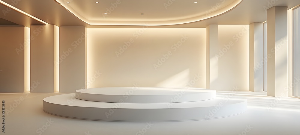 Poster 9. a matte white podium in a clean, spacious room with soft lighting highlighting the open space, pe
