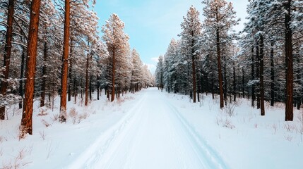 Obraz premium Snowy trail winding through a serene pine forest under blue sky