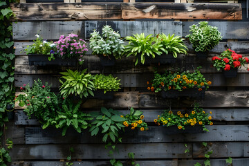 Recycled pallets forming a vertical garden with lush greenery and eco-friendly design.