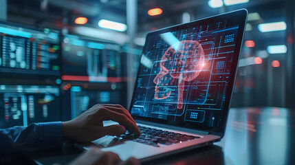 Concept of digital technology and data science, computer engineer programming on laptop for managing and controlling data exchange with AI business and machine learning