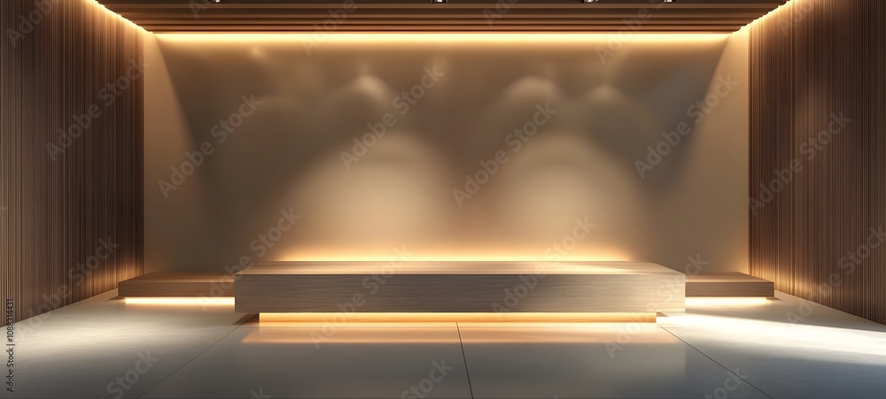 Poster 10. a polished wood podium with soft overhead lighting and gentle shadows, creating an elegant, empt