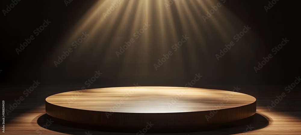 Poster 10. a polished wood podium with soft overhead lighting and gentle shadows, creating an elegant, empt