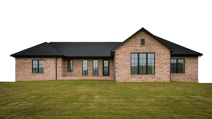 Obraz premium A modern ranch-style brick house with a black roof