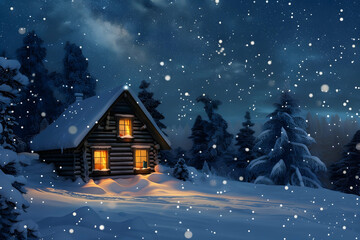 Naklejka premium Small snow-covered log cabin with glowing windows against a starry night sky.