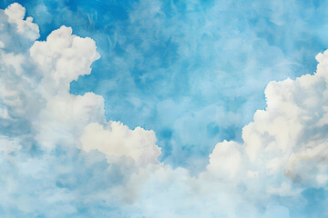 Watercolor sky with fluffy white clouds, evoking a serene summer day for a calm backdrop.