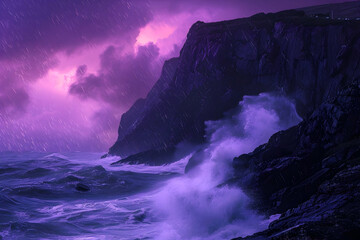 Fototapeta premium Tropical cyclone scene with purple skies, fierce winds, and crashing waves at dusk.
