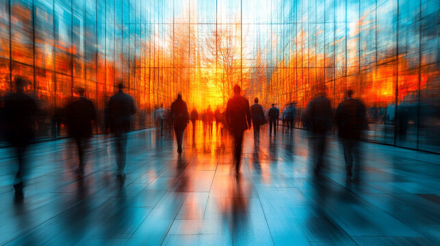 bustling crowd of business professionals moves swiftly through a modern office building, showcasing energy, ambition, and the dynamic nature of corporate life in a contemporary workspace