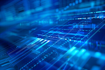 Vibrant blue business background with modern graphics, charts, and flowing lines.