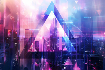 Vibrant geometric triangles with glowing pastel hues in a futuristic cityscape.