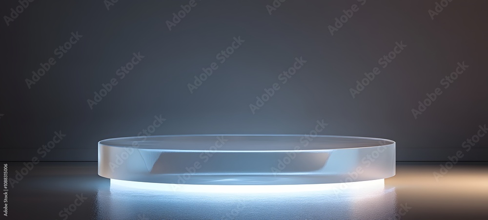 Poster 12. a translucent acrylic podium illuminated from beneath, creating soft shadows around the open spa