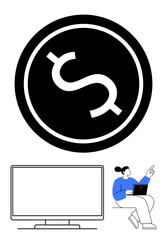 Large dollar coin symbol, person using laptop pointing, and blank monitor. Ideal for finance, technology, presentations, marketing, education remote work online services. Line metaphor
