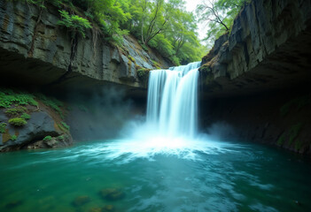 Majestic Waterfall Cascading Through Lush Green Forest with Misty Atmosphere and Natural Beauty