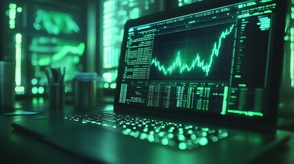 A focused image of a laptop showing a cryptocurrency trading chart with a noticeable price spike alert flashing in green. The display features intricate market data, colorful candlesticks,